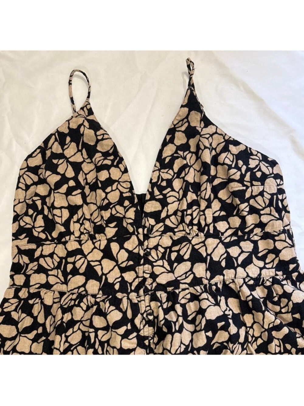 Abercrombie & Fitch Womens XL Linen Blend Tan/Black Floral Midi Dress Ethreal - Picture 4 of 12